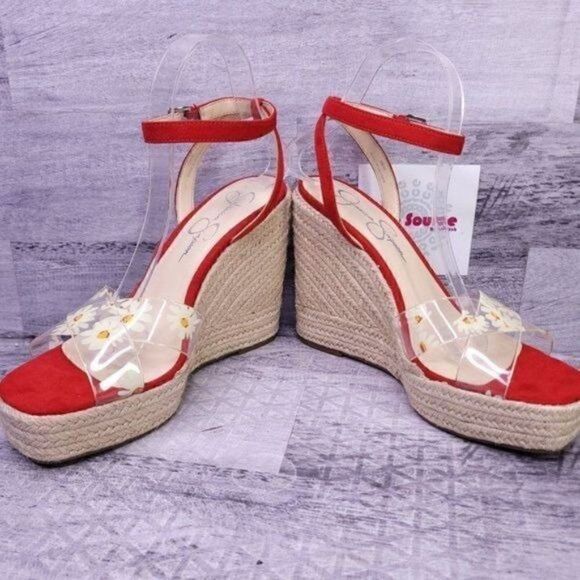 Jessica Simpson Semie Floral Jelly Strap Espadrille Wedge Sandal Red Women 9 NEW - Picture 5 of 8
